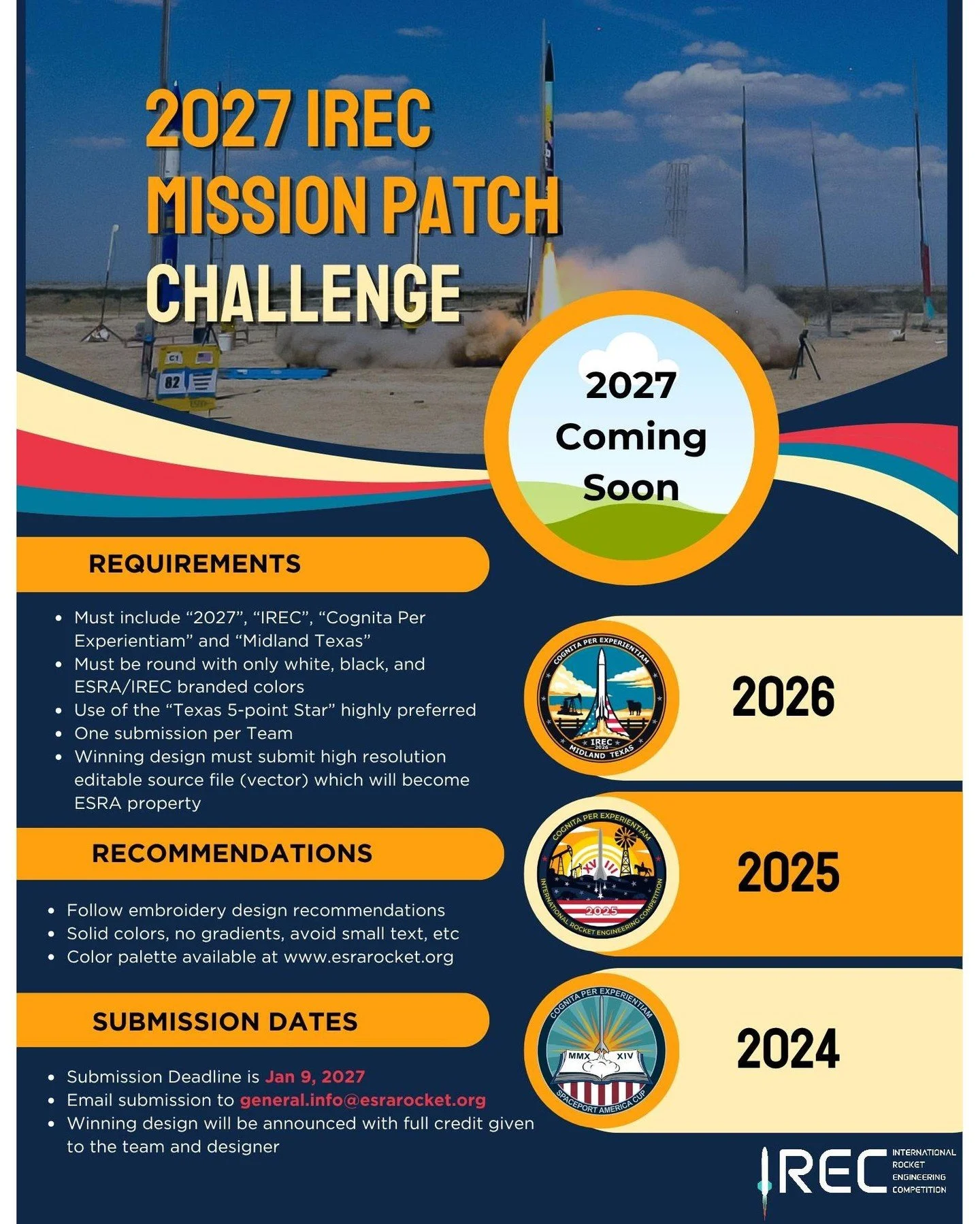 Call for 2027 Mission Patch Submissions.

Submission Deadline is Jan 9, 2027
Email submission to general.info@esrarocket.org
Winning design will be announced with full credit given to the team and designer.