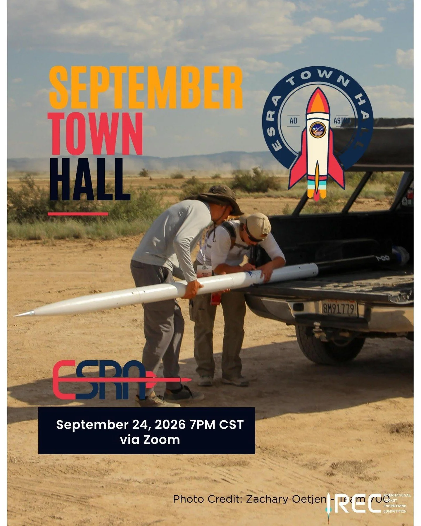 Join the Experimental Sounding Rocket Association for our September Town Hall on Zoom. Meet the ESRA Staff, review the 2027 Integrated Master Schedule (IMS), and preview upcoming changes to the 2027 IREC documents. All are welcome, including rocketee