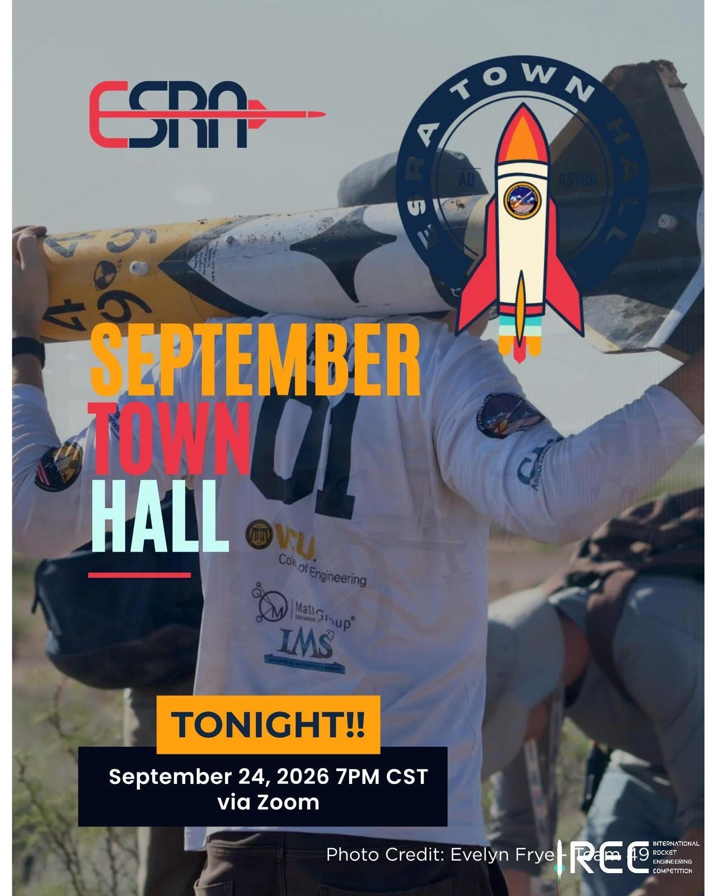 Join the Experimental Sounding Rocket Association for our September Town Hall on Zoom. Meet the ESRA Staff, review the 2027 Integrated Master Schedule (IMS), and preview upcoming changes to the 2027 IREC documents. All are welcome, including rocketee