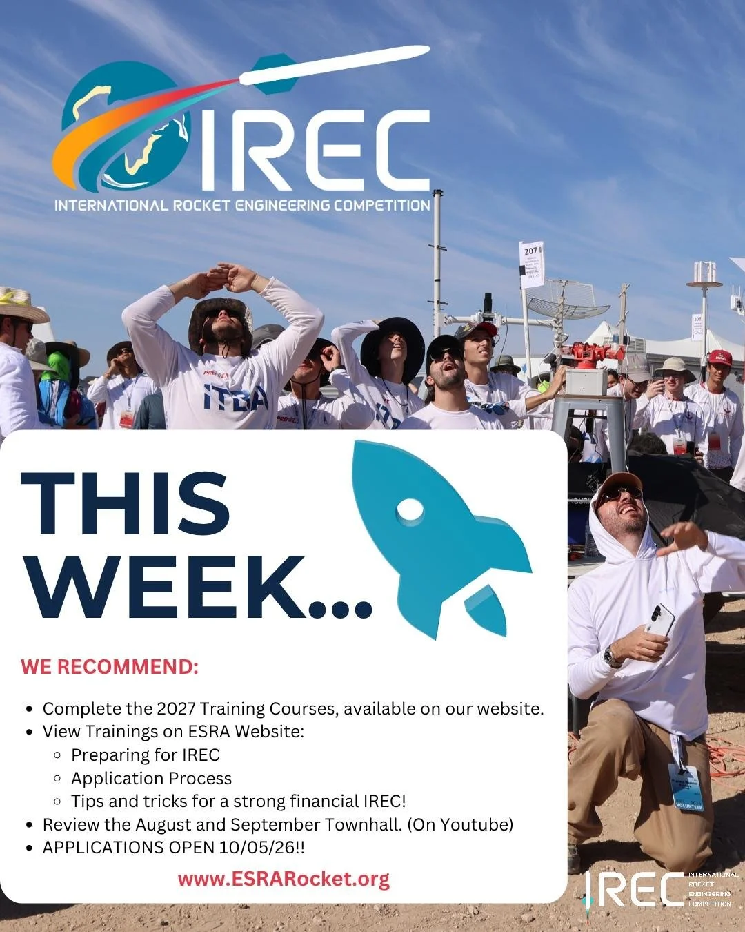 This week ESRA recommends:

- Complete the 2027 Training Courses, available on our website.
- View Trainings on ESRA Website: 
- Preparing for IREC Application Process 
- Tips and tricks for a strong financial IREC! 
- Review the August and September