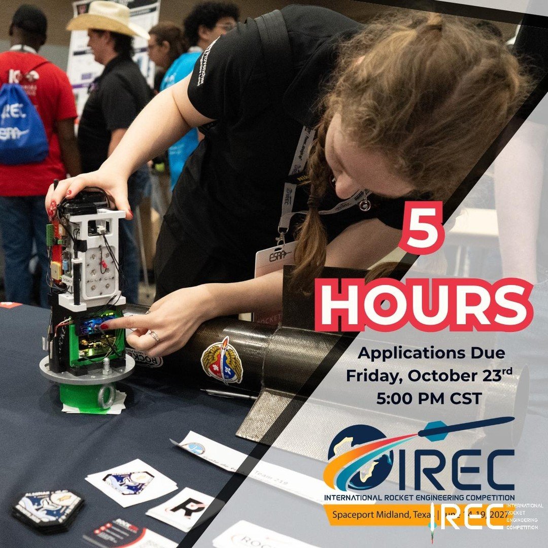 A friendly reminder that the 2027 IREC Team Applications close this Friday at 5:00 PM CT! That makes it T-5 Hours from today...
Date: Friday, October 23rd 2026
Time: 5:00 PM CT

If your team is planning to compete in the 2027 IREC, please make sure y