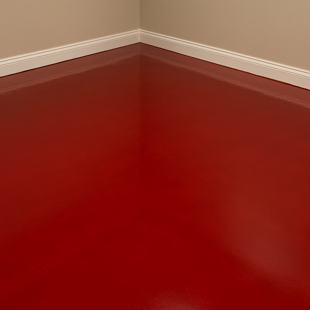 Empty corner of a room with red-painted floors, white baseboards, and beige walls.