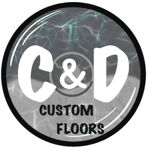 Logo for C&D Custom Floors featuring a circular design with water-like background and bold text.