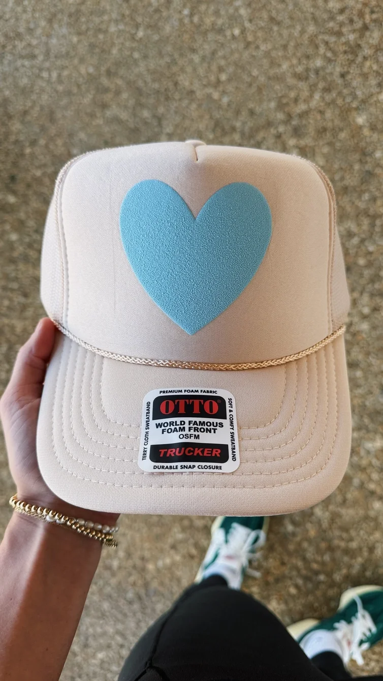 Happy Heart Hat - Tan + Light Blue