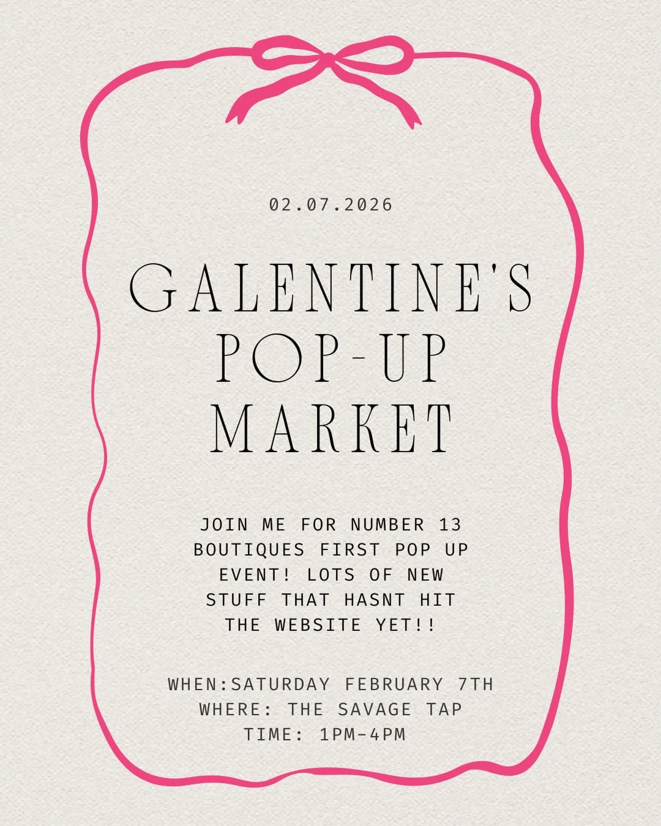 POP-UP ALERT 🩷✨

I&rsquo;m SO excited to announce my first ever pop-up just in time for Galentine&rsquo;s💌
Grab your besties, sip some drinks, and shop small with me at The Savage Tap🎀

📍The Savage Tap
🗓️February 7th
⏰1-4pm
Can&rsquo;t wait to s