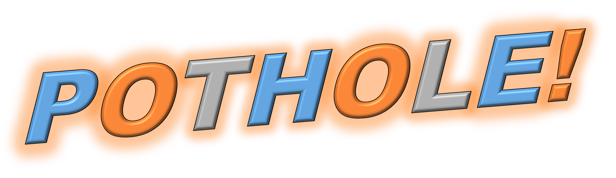 Colorful comic-style text reading "POTHOLE!" with blue, orange, and gray letters outlined in black, on an orange cloud-like background.