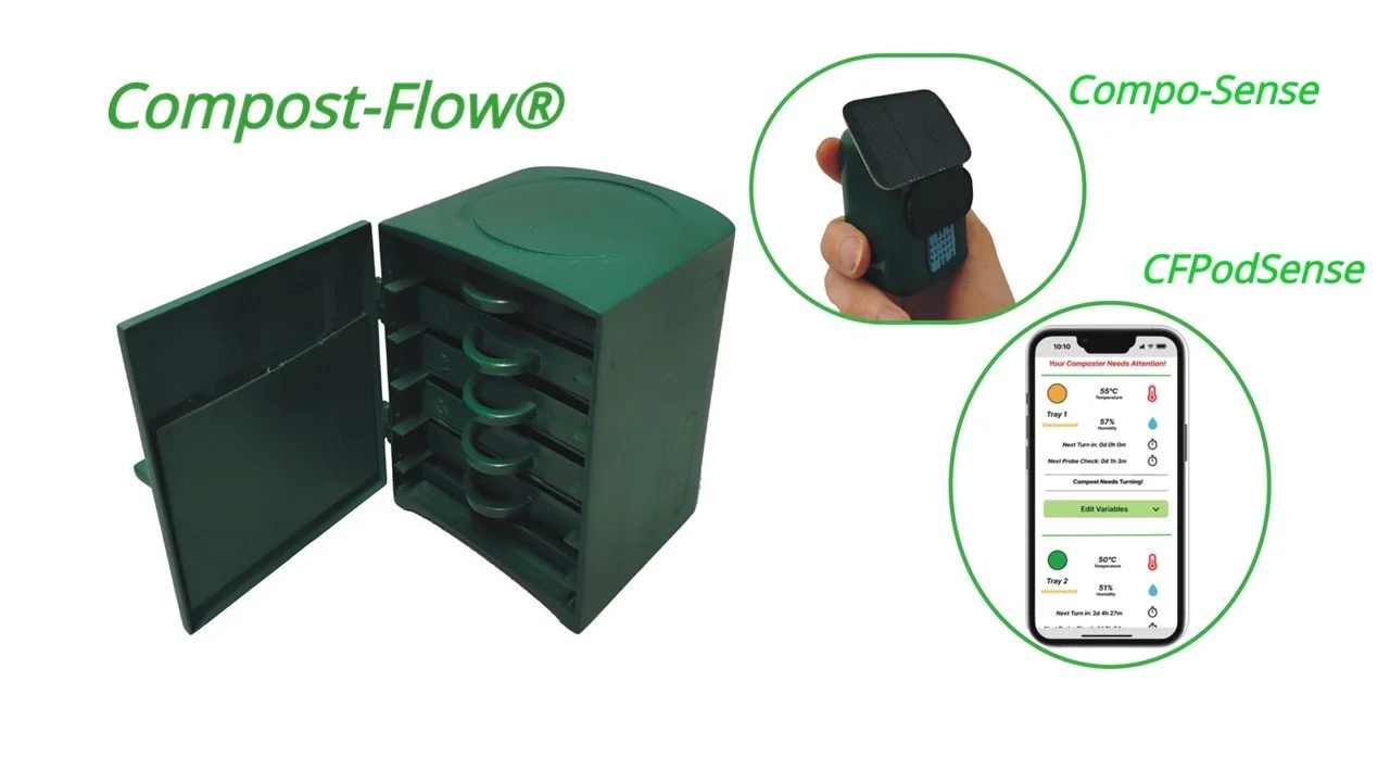 A composting system with a green plastic cabinet containing four trays, alongside a hand holding a small device called Compo-Sense, and a smartphone displaying the CFPodSense app with temperature and humidity data for two trays.
