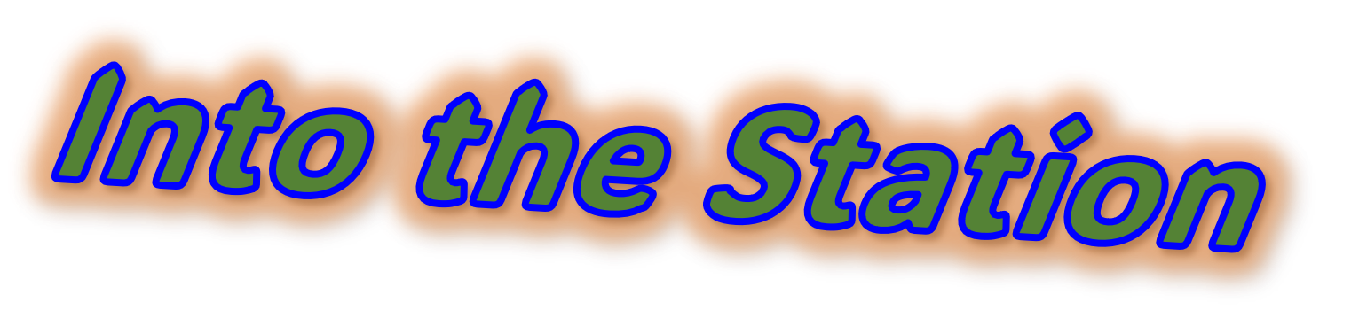 Colorful sign with the text "Into the Station" in green and blue letters outlined in dark blue, set against a red background.