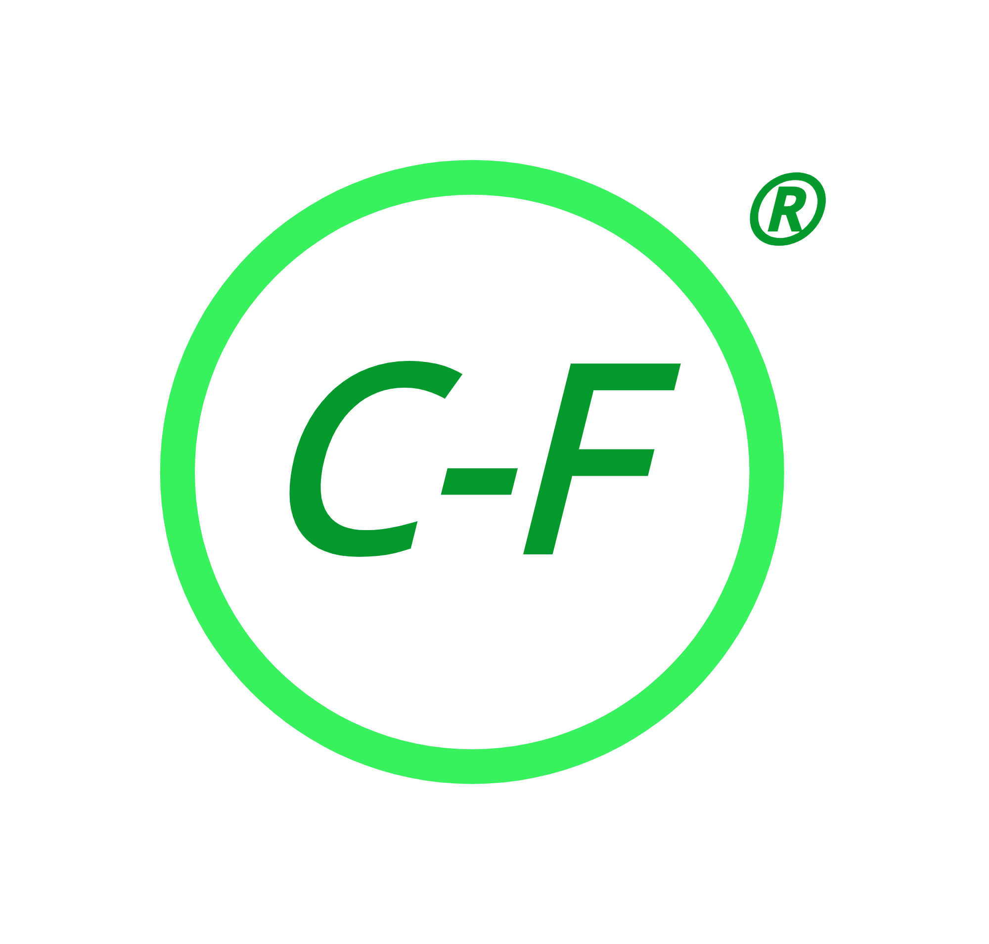 Green tradwmark certification badge with a circular outline and the letters 'C F' in the center.