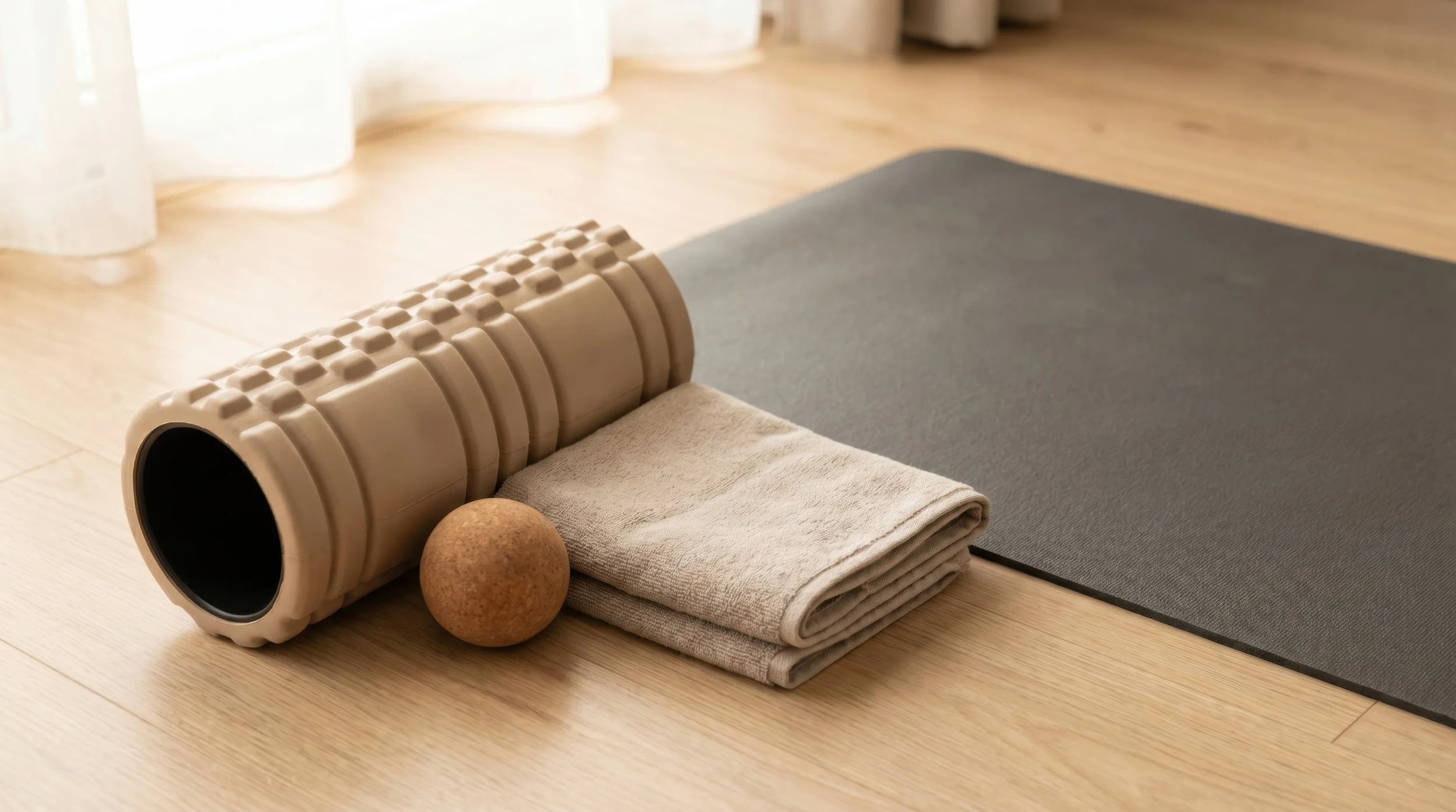 A picture showing a foam roller, mat, towel and self-myosfasical ball.