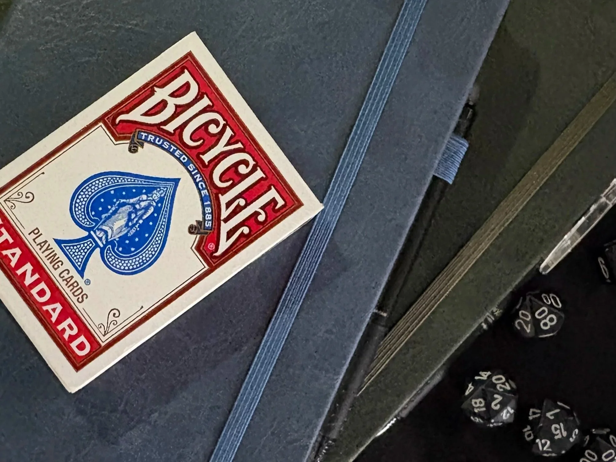 Playing cards and dice on a game mat - the tools of tabletop game design