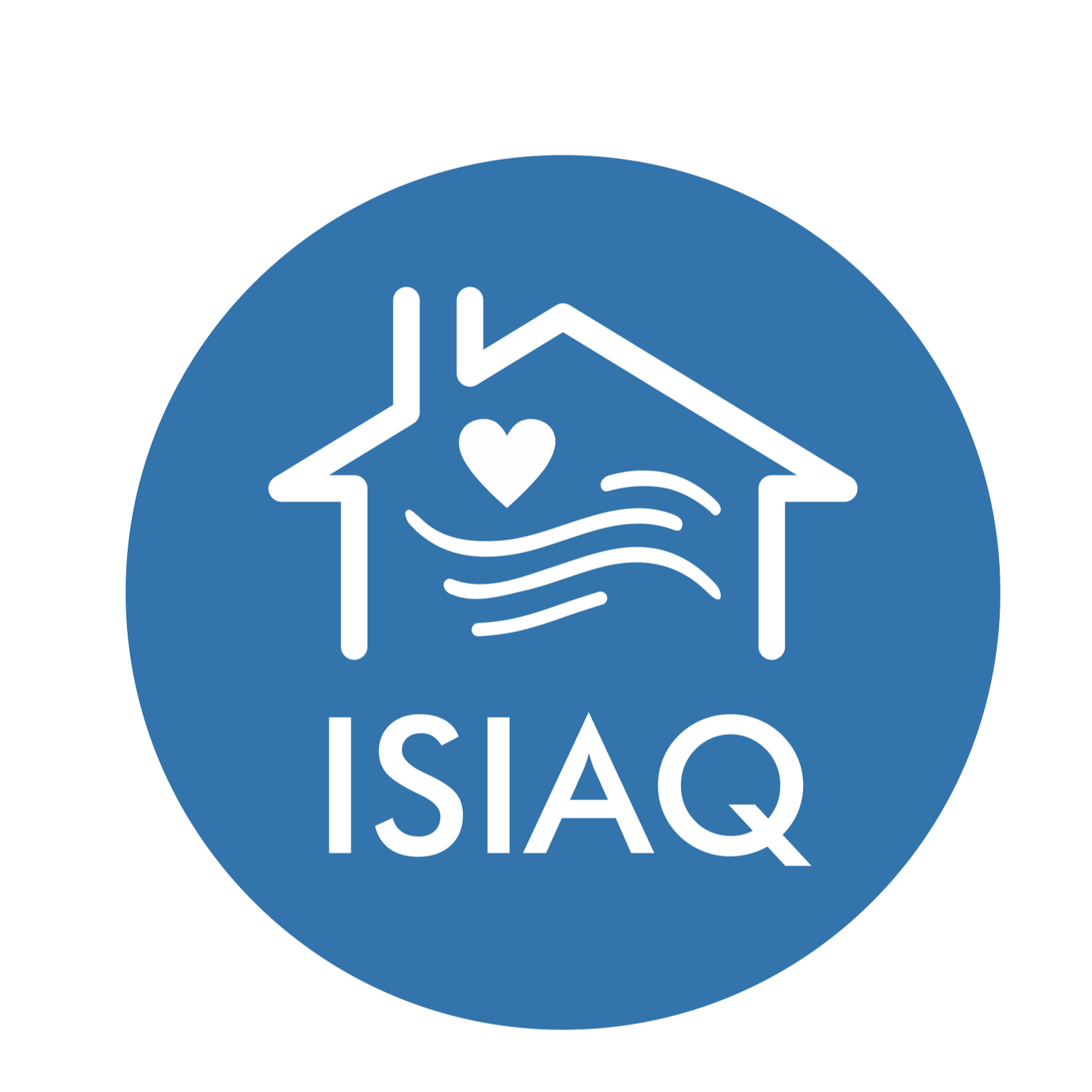 Logo for ISAQ with a house outline, a heart inside, and waves beneath, on a blue circular background.