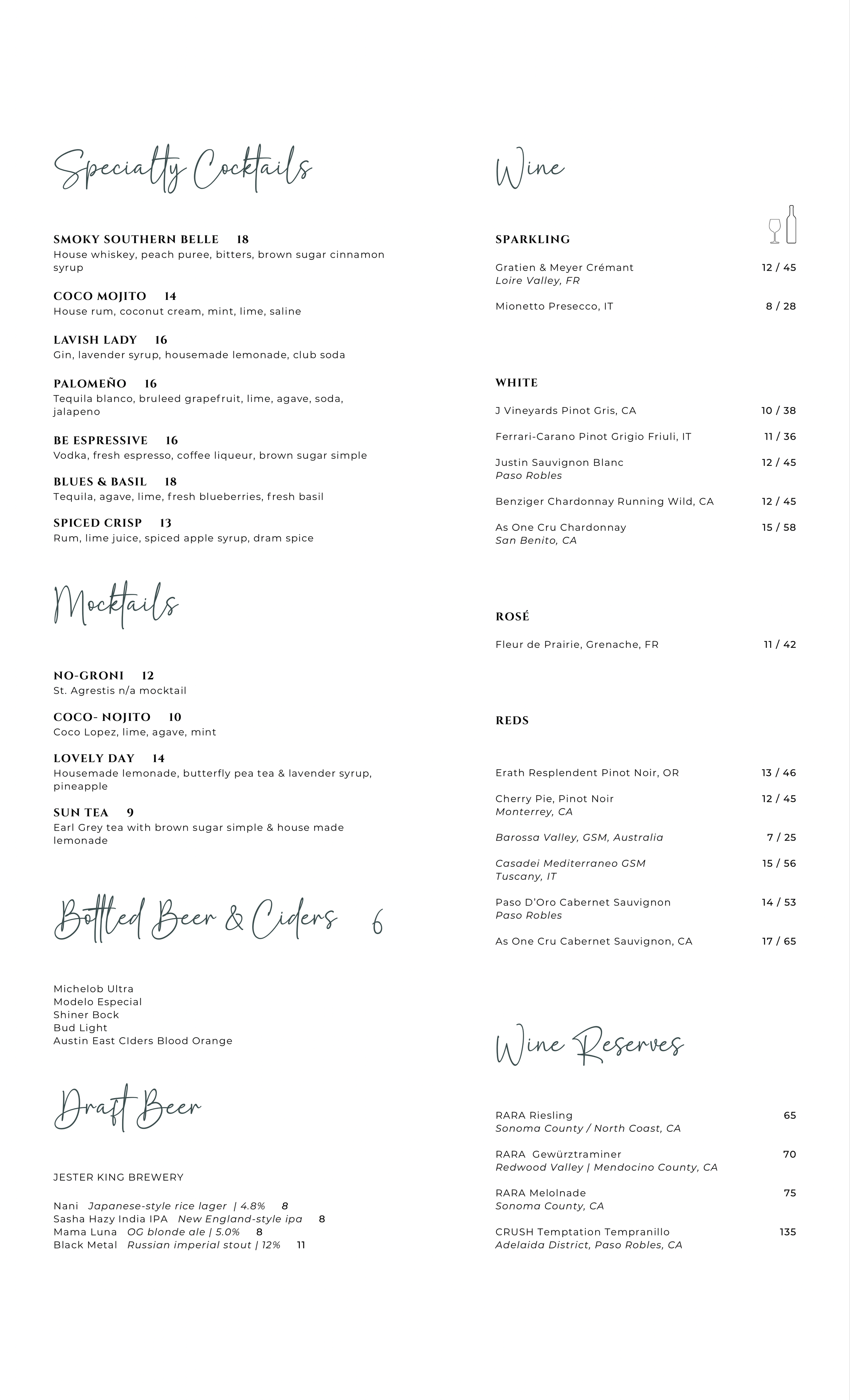 A menu featuring specialty cocktails, mocktails, bottled beer, draft beer, wines, and wine reserves, with prices and descriptions.
