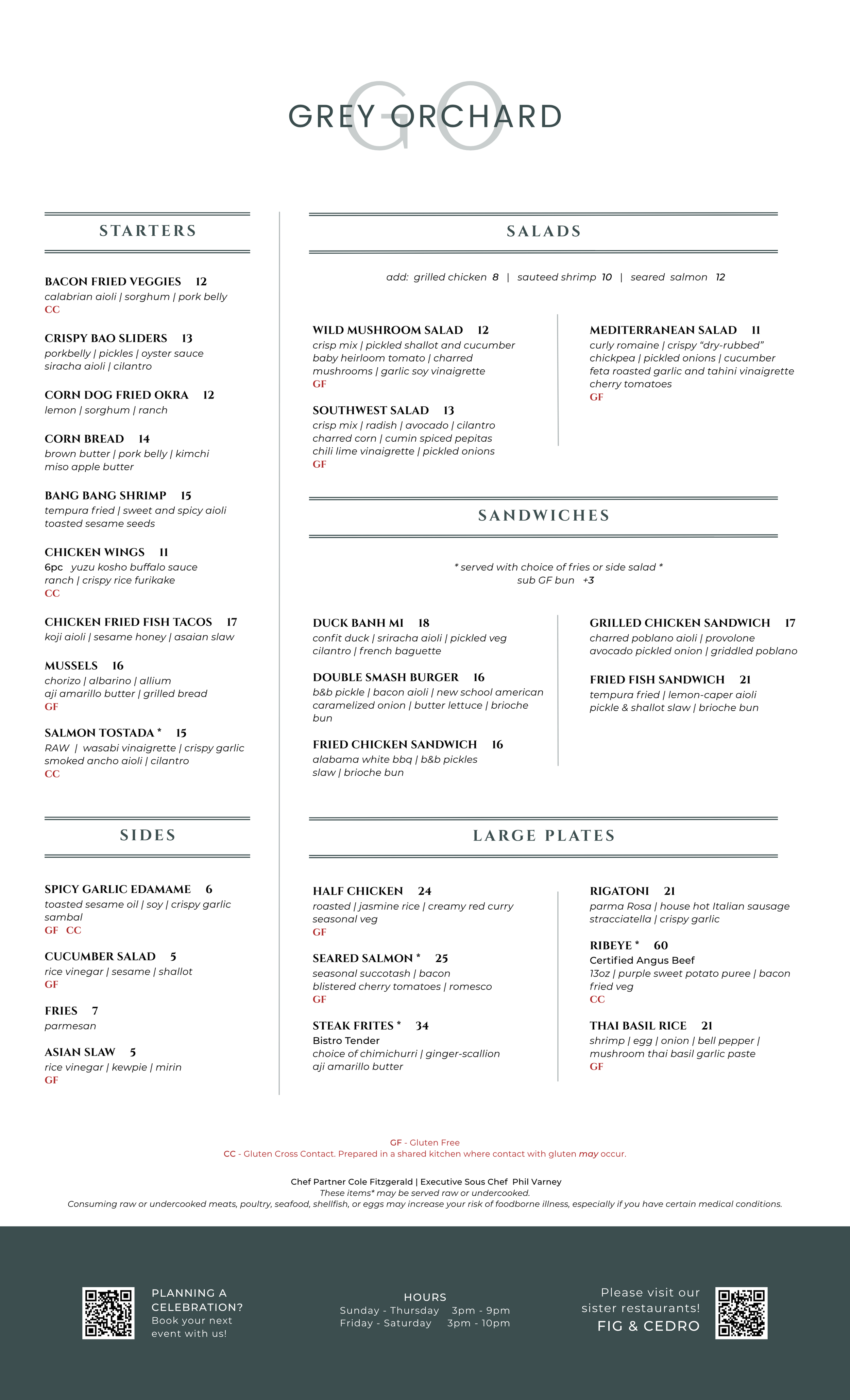 Grey Orchard dinner menu