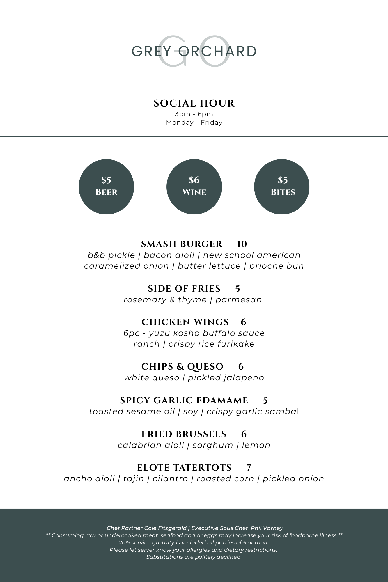 A menu for Grey Orchard restaurant with social hours from 3 pm to 6 pm, Monday to Friday, featuring various food and drink options listed with prices.