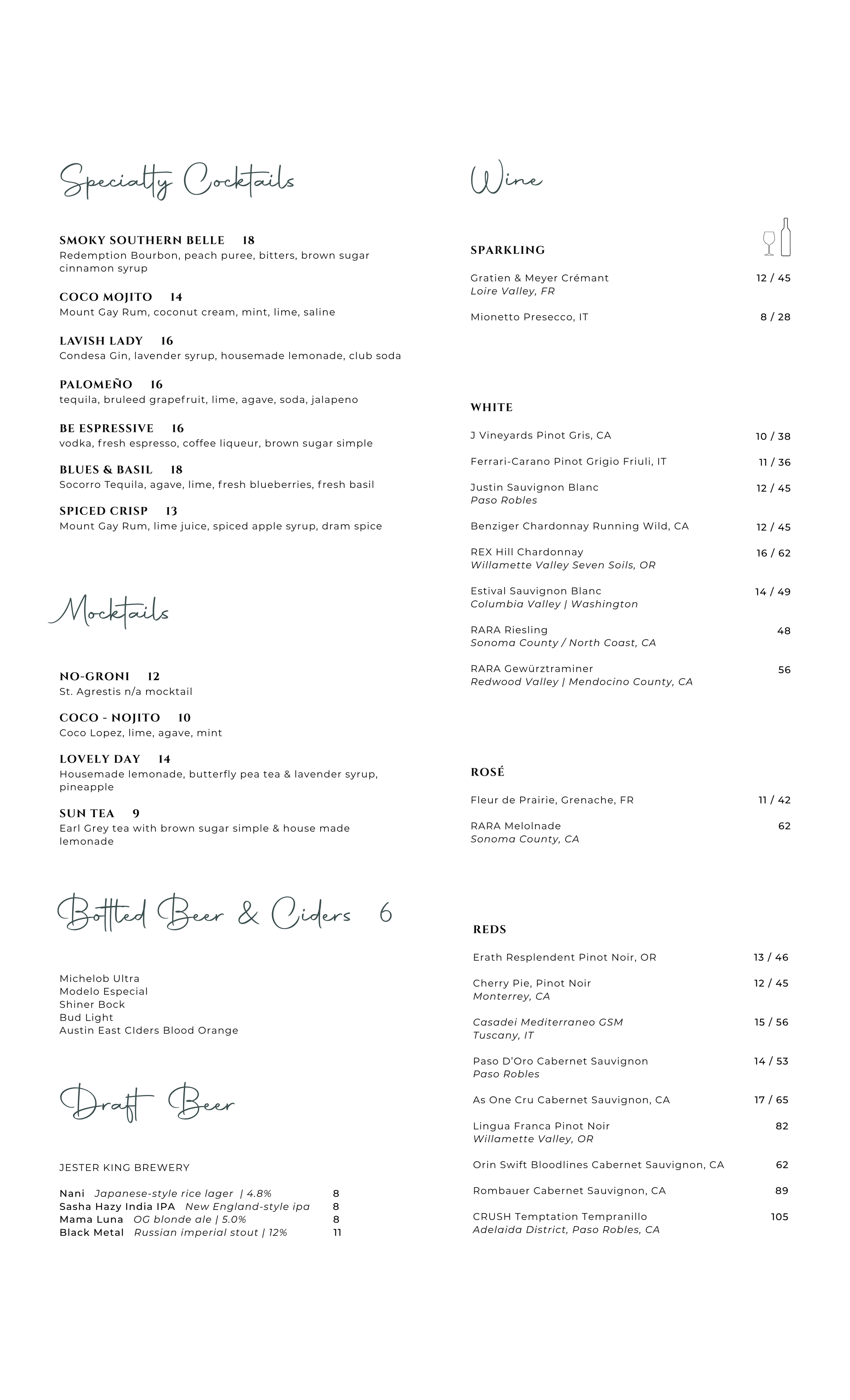 Grey Orchard drinks menu