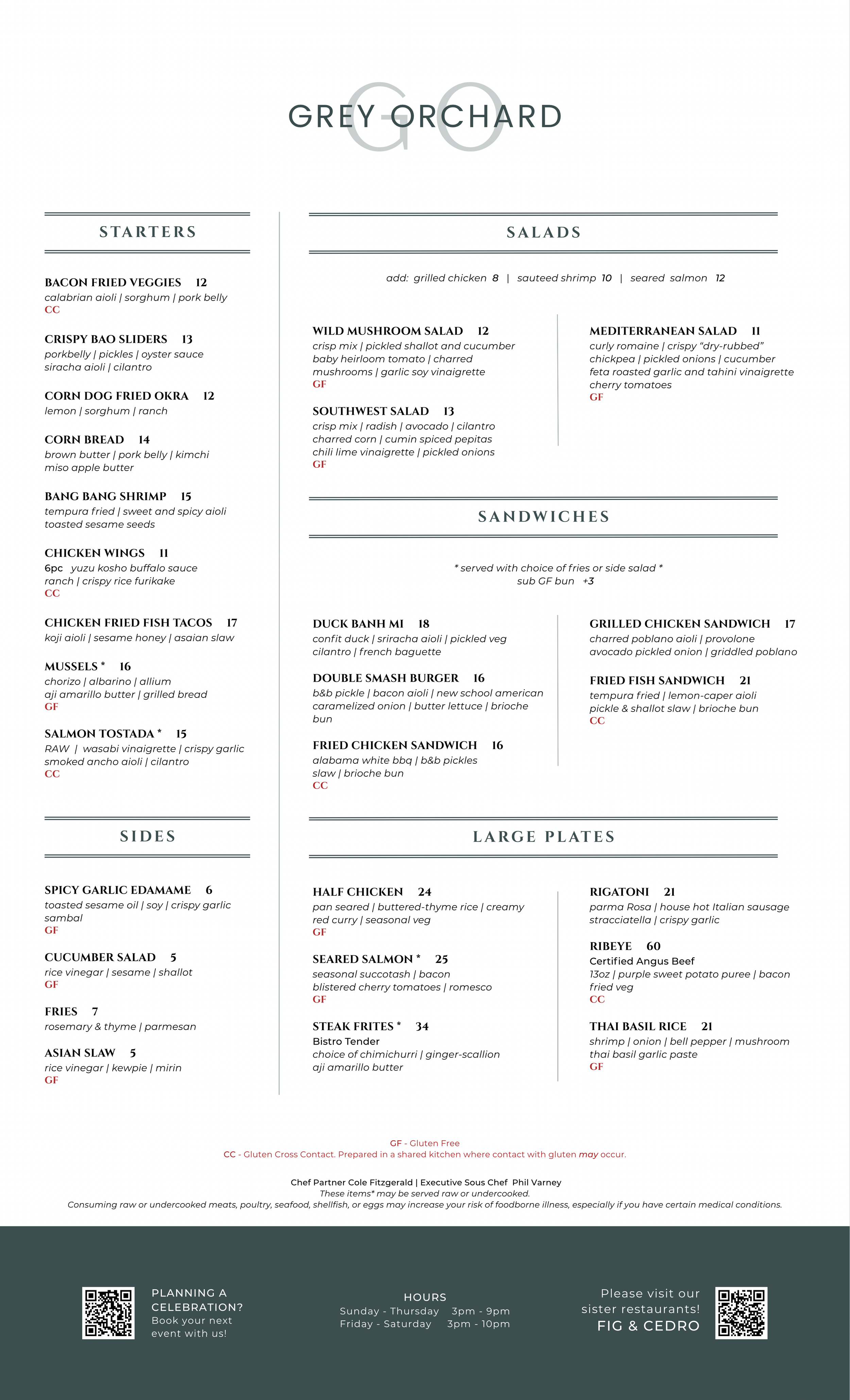 A restaurant menu from Grey Orchard featuring starters, salads, sides, large plates, and their prices and descriptions, including various meats, seafood, vegetarian options, and gluten-free items.
