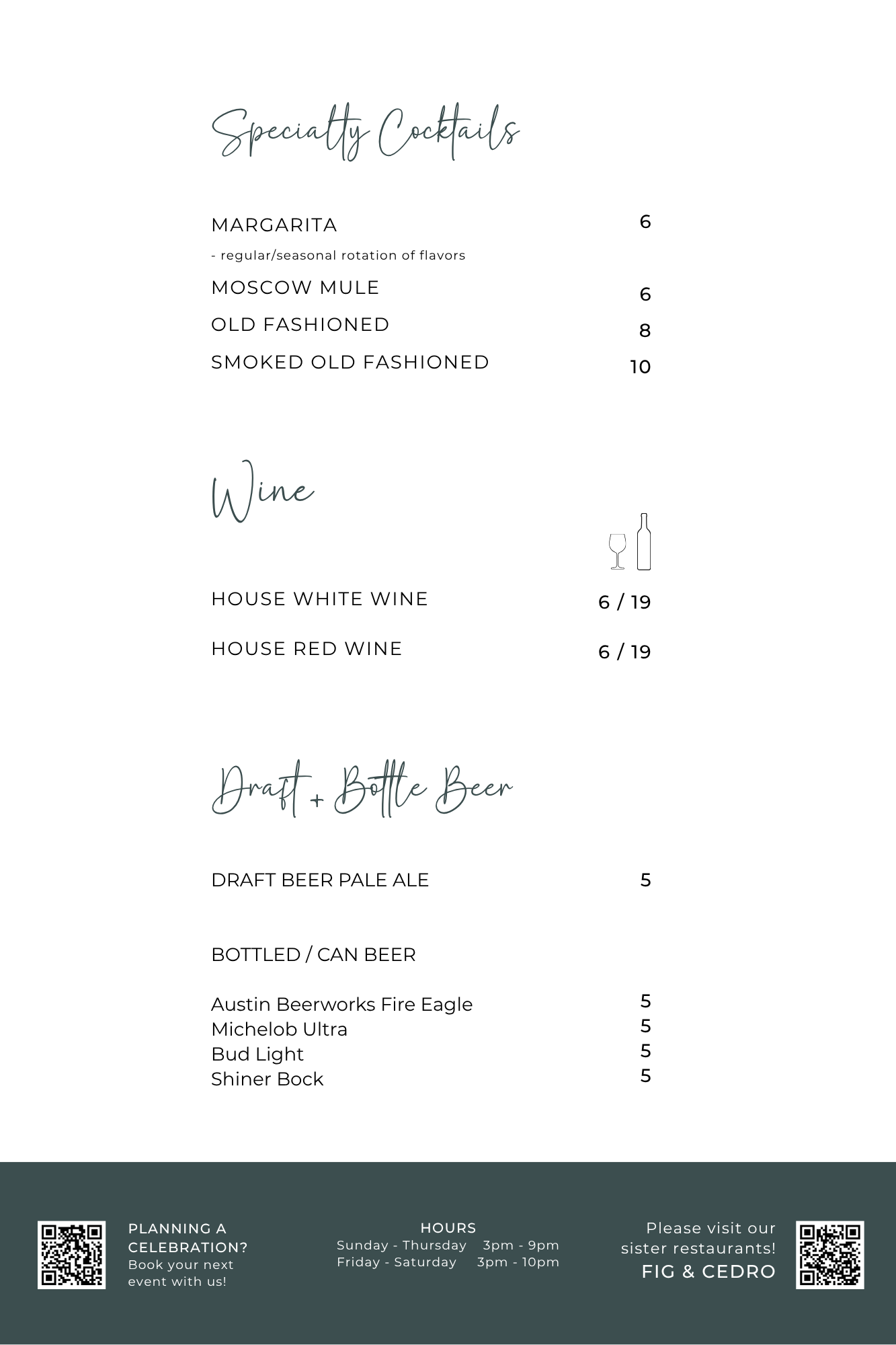 A printed restaurant menu with sections for specialty cocktails, wine, draft beer, and bottled/can beer, including drink names and prices, with decorative fonts and icons.