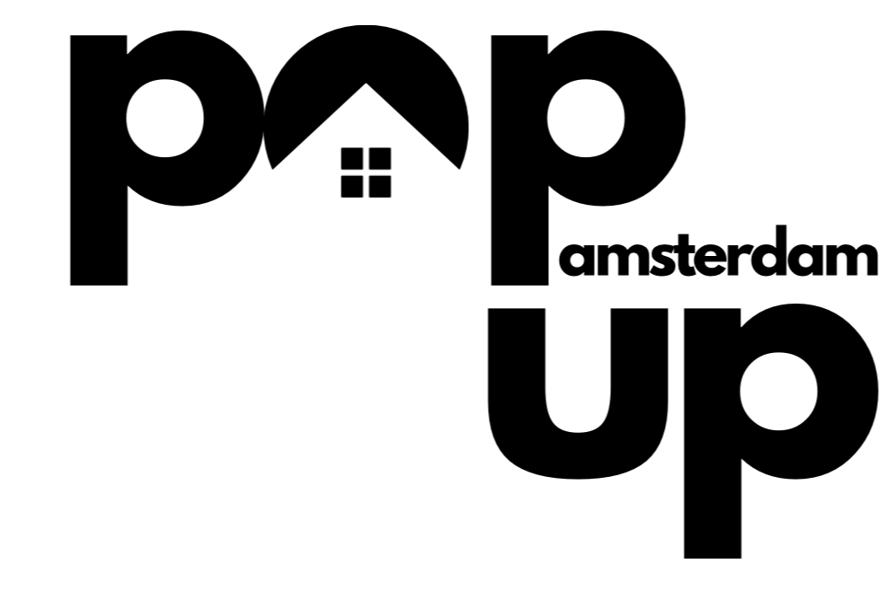 Logo for Pop Up Amsterdam featuring stylized black text with a house symbol replacing the 'o' in 'pop' and the words 'amsterdam' in smaller font.