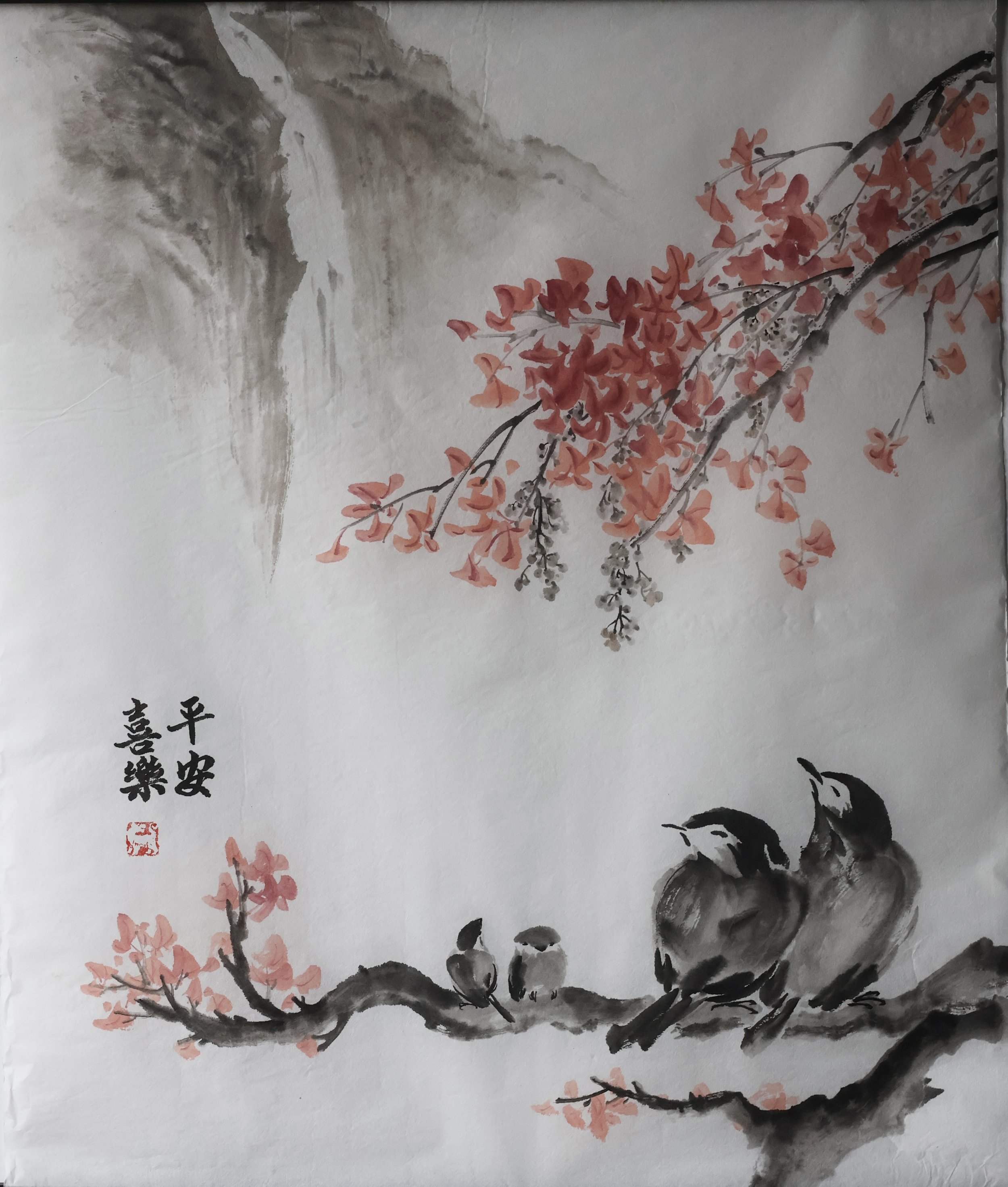 Susurros de Otoño – Cuatro Pájaros Pintura China Sumi-e
