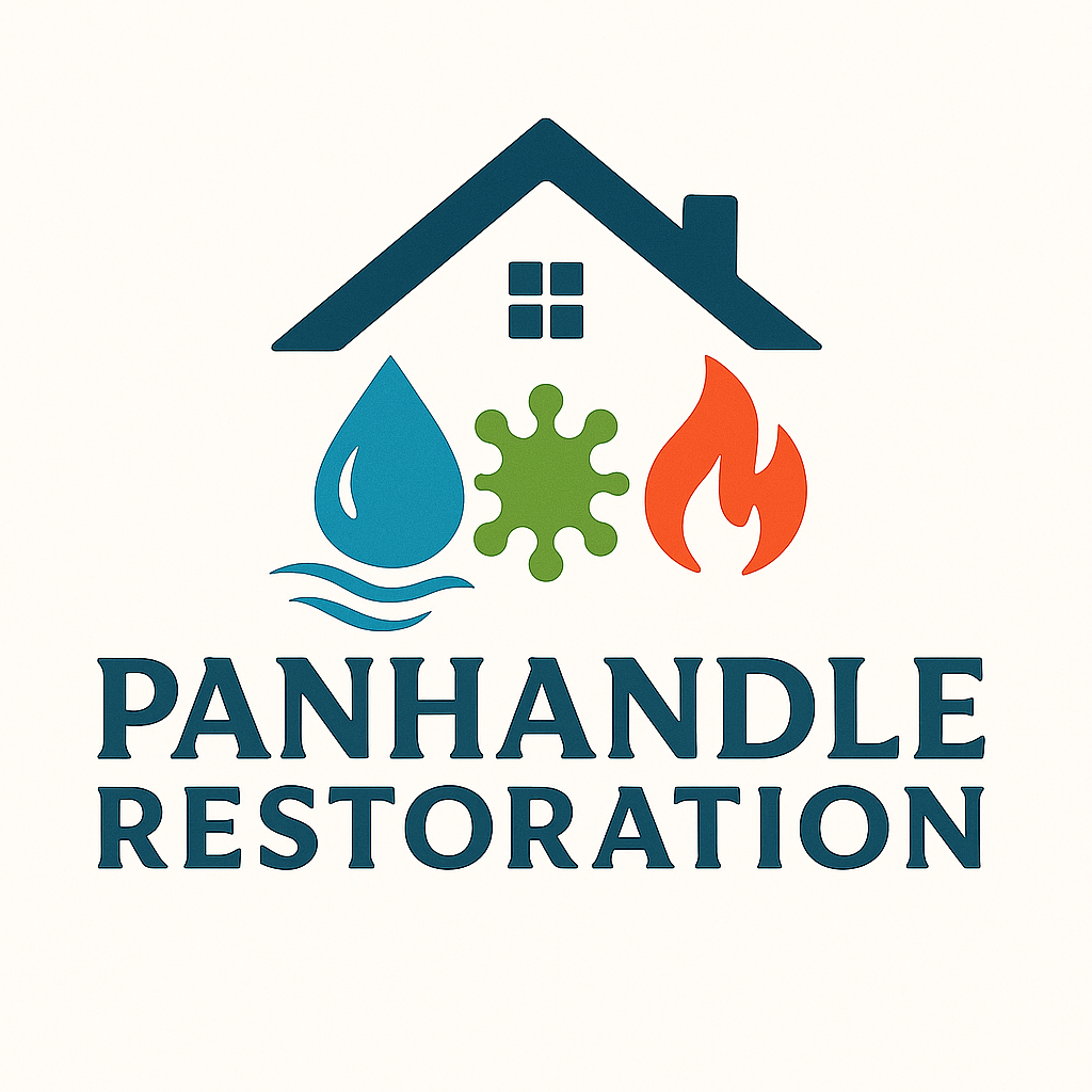 Logo for Panhandle Restoration featuring a house with icons of water, mold, and fire, representing water damage, mold, and fire damage restoration.