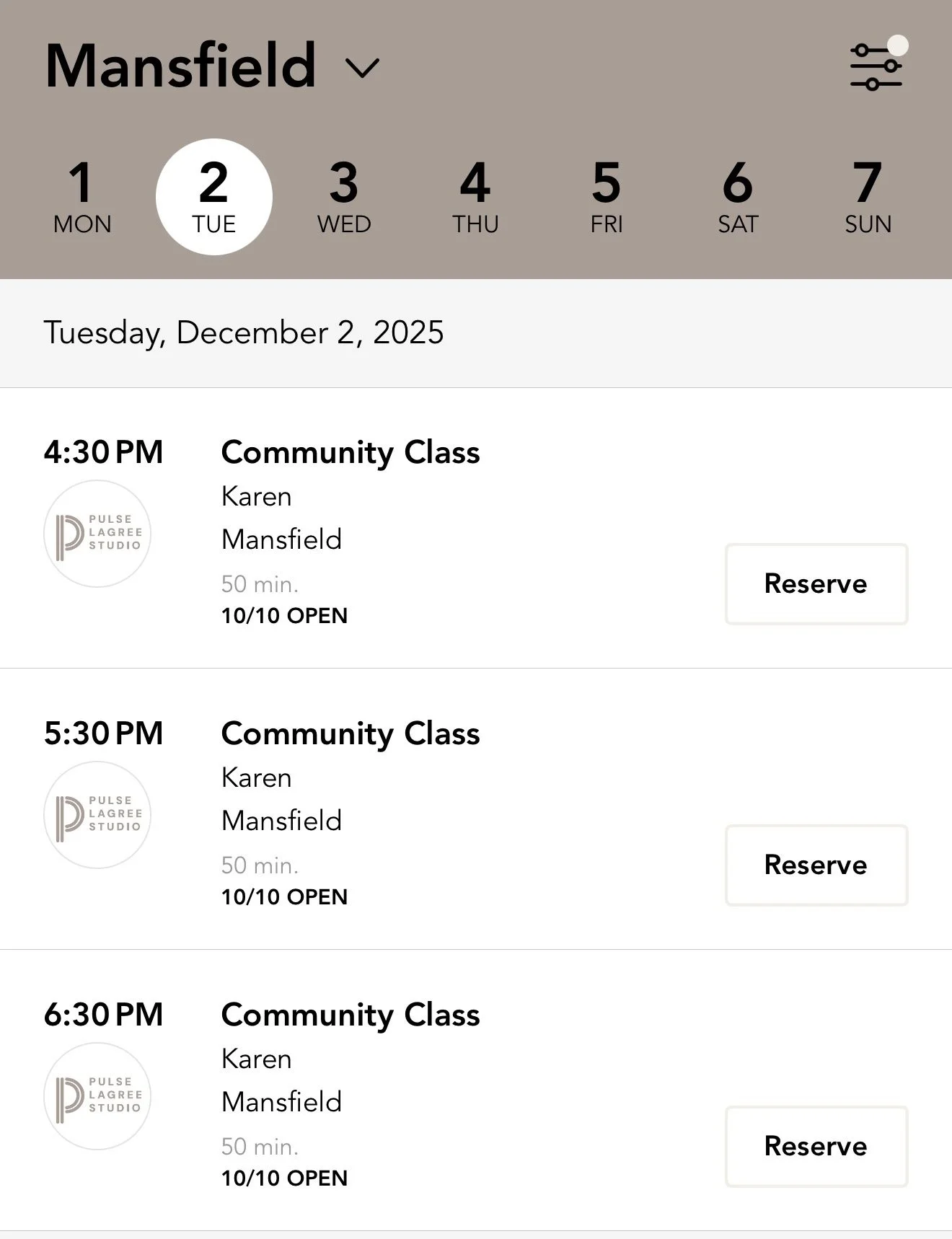 Calendar app showing schedule for Tuesday, December 2, 2025, with three community class events at Pulse LaGre Studio from 4:30 PM to 6:30 PM, led by Karen in Mansfield.