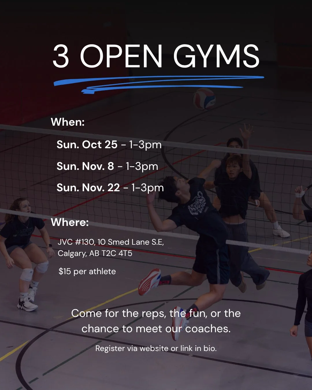 Mark your calendars, we've got 3 U18 Girls Open Gyms coming up this fall!⁠
⁠
Whether you are looking for some extra reps, want to get back in the gym, or just want a chance to meet our coaches, come join us.⁠
⁠
📍 JVC⁠
🗓 Oct. 25 | Nov. 8 | Nov. 22⁠
