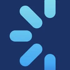 Abstract logo with seven blue elongated oval shapes arranged in a circular pattern on a dark blue background.