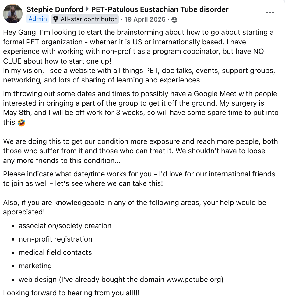 Screenshot of a Facebook post by Stephie Dunford about starting a PET-related organization, seeking collaboration and expertise, and sharing details about her upcoming surgery and planning for Google Meet meetings.