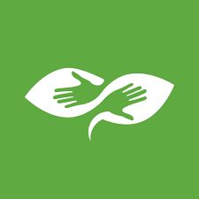Two stylized hands reaching out, forming a shape resembling a leaf or a bow, on a green background, symbolizing care or environmental awareness.