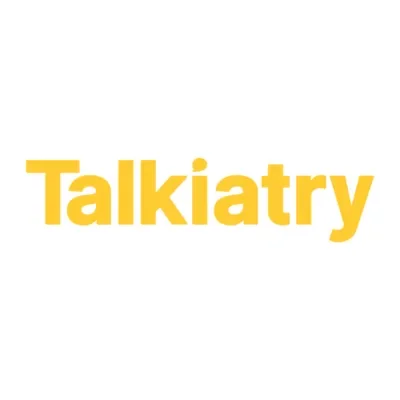 The word 'Talkiatry' in bold yellow letters on a white background.