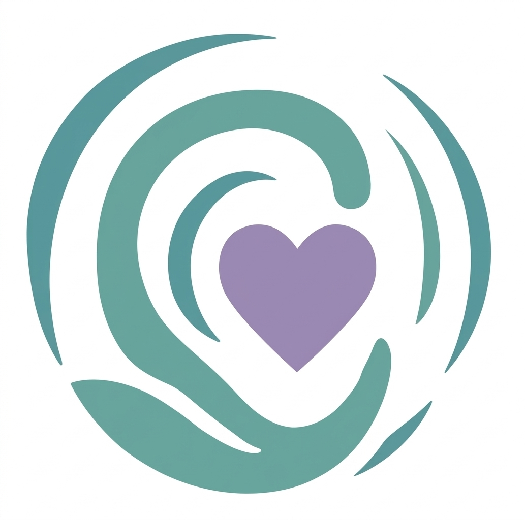 Abstract design featuring a purple heart at the center, surrounded by teal curved lines that resemble flowing or swirling shapes.