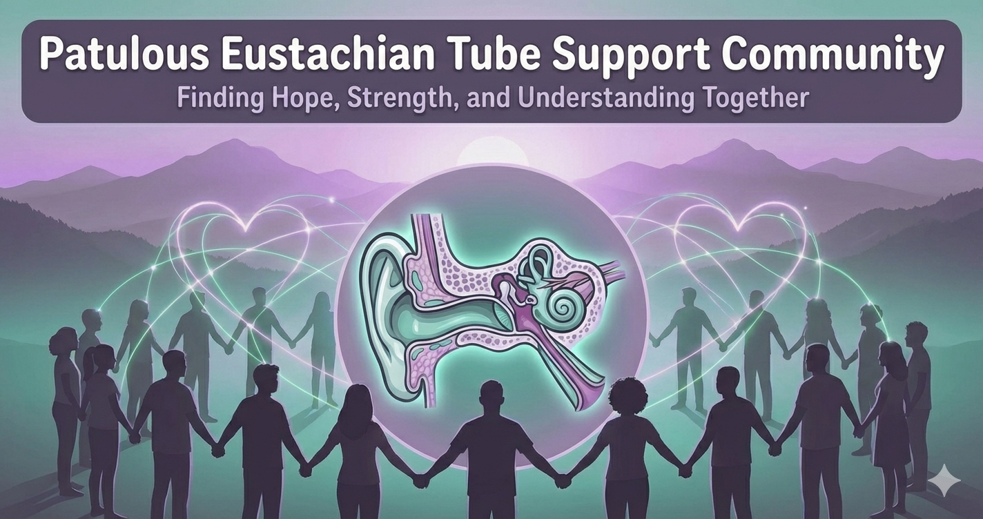 Illustration of people holding hands in a circle, with neon heart shapes connecting them, and a central medical diagram of the ear representing the Patulous Eustachian Tube Support Community, shown in a landscape with mountains and a sunset.