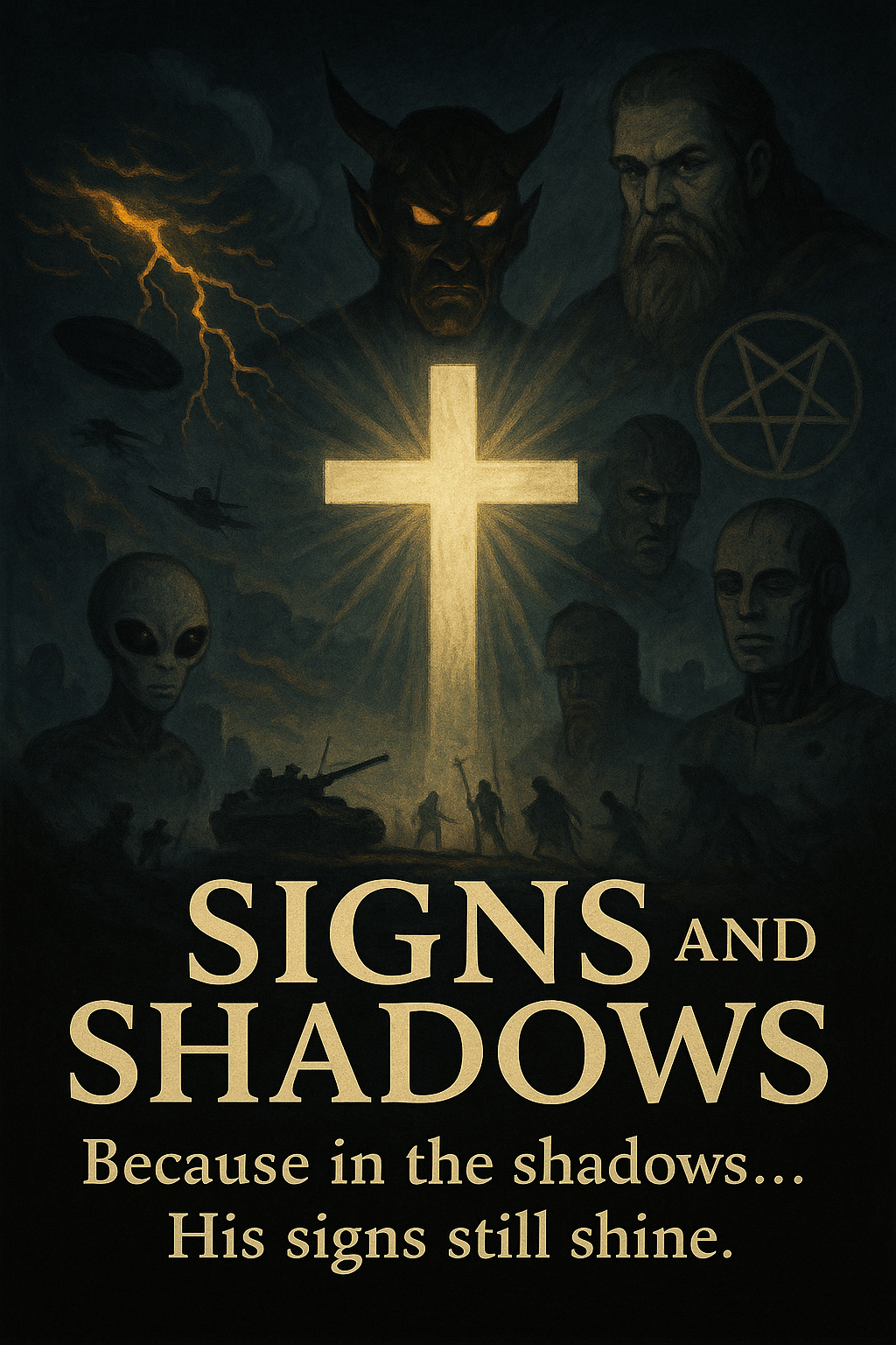 Dark illustrated poster with a glowing cross at the center, surrounded by unsettling figures including aliens, military personnel, and supernatural entities, with lightning and flying saucers in the background. Text reads "SIGNS AND SHADOWS" and "Because in the shadows... His signs still shine."