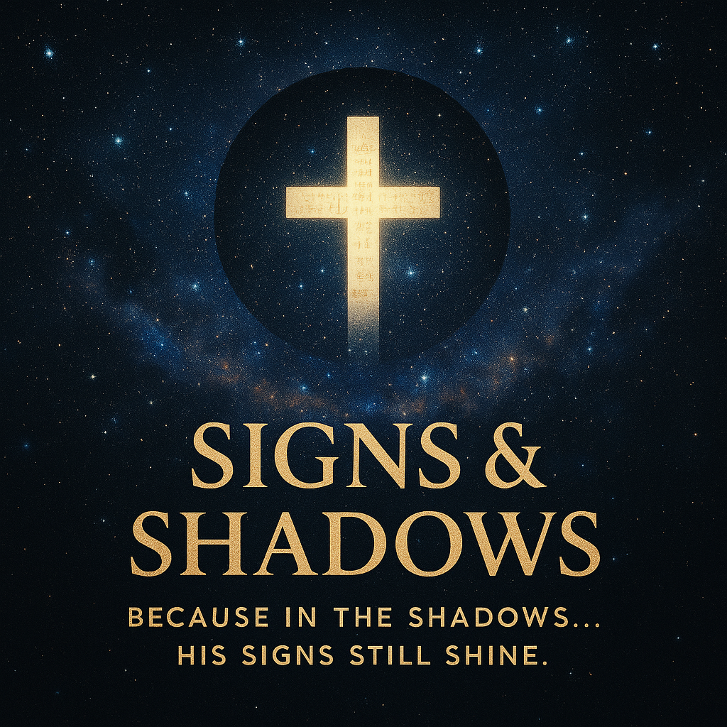 Image of a circular symbol with a cross at the center, glowing in a dark, starry night sky with galaxy stars. The text reads 'Signs & Shadows' and 'Because in the shadows... his signs still shine.'