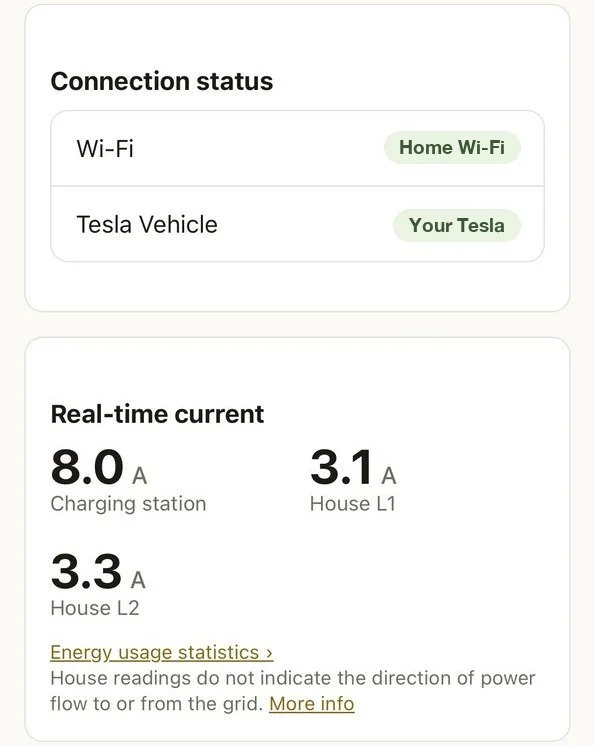 ChargeXcel's home page: charging station 8.0 A, house L1 3.1 A, house L2 3.3 A