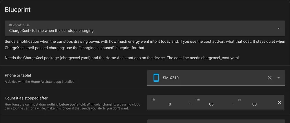 Home Assistant automation made from the ChargeXcel 'tell me when the car stops charging' blueprint
