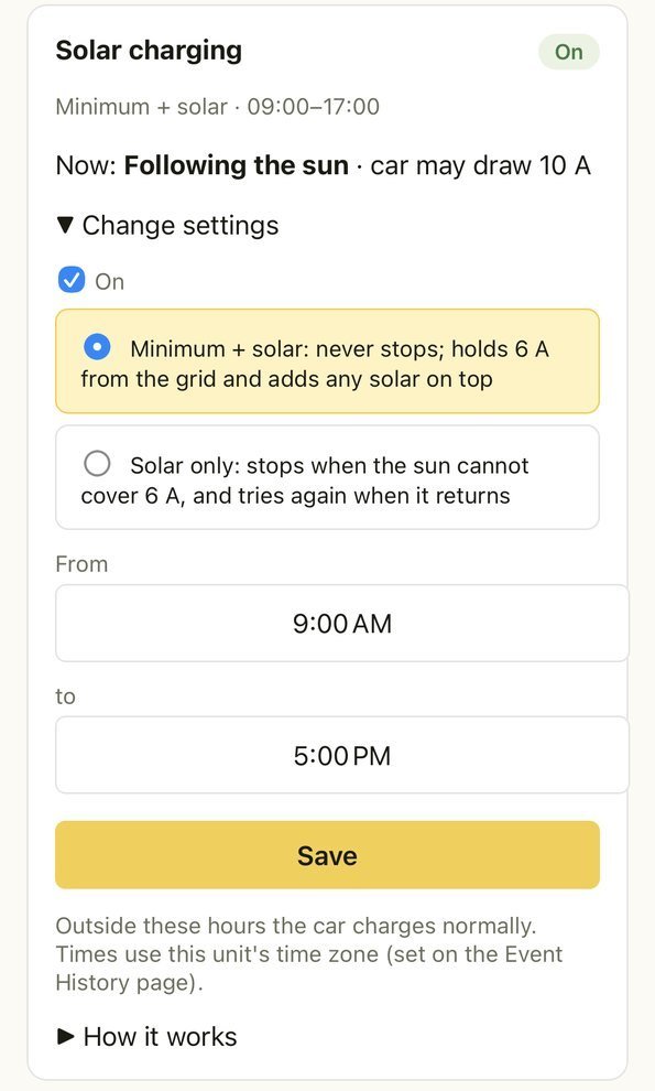 ChargeXcel's Solar charging settings: on/off, Minimum + solar or Solar only, and a daily time window