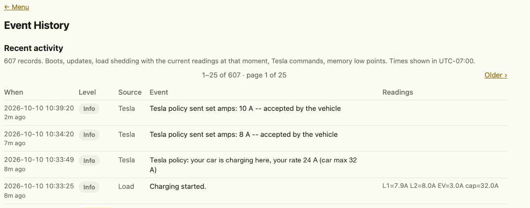 ChargeXcel's event history: charging started at 10:33, then set amps 8 A at 10:34 and 10 A at 10:39, both accepted by the vehicle