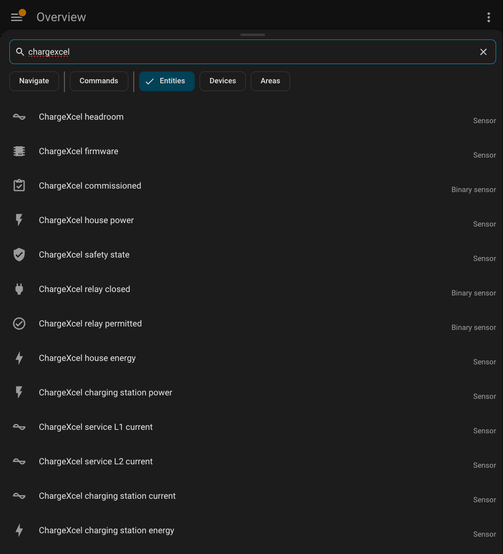 Home Assistant's search for chargexcel, listing ChargeXcel's sensors: headroom, firmware, commissioned, safety state, relay, each service leg, and the charging station's current, power and energy