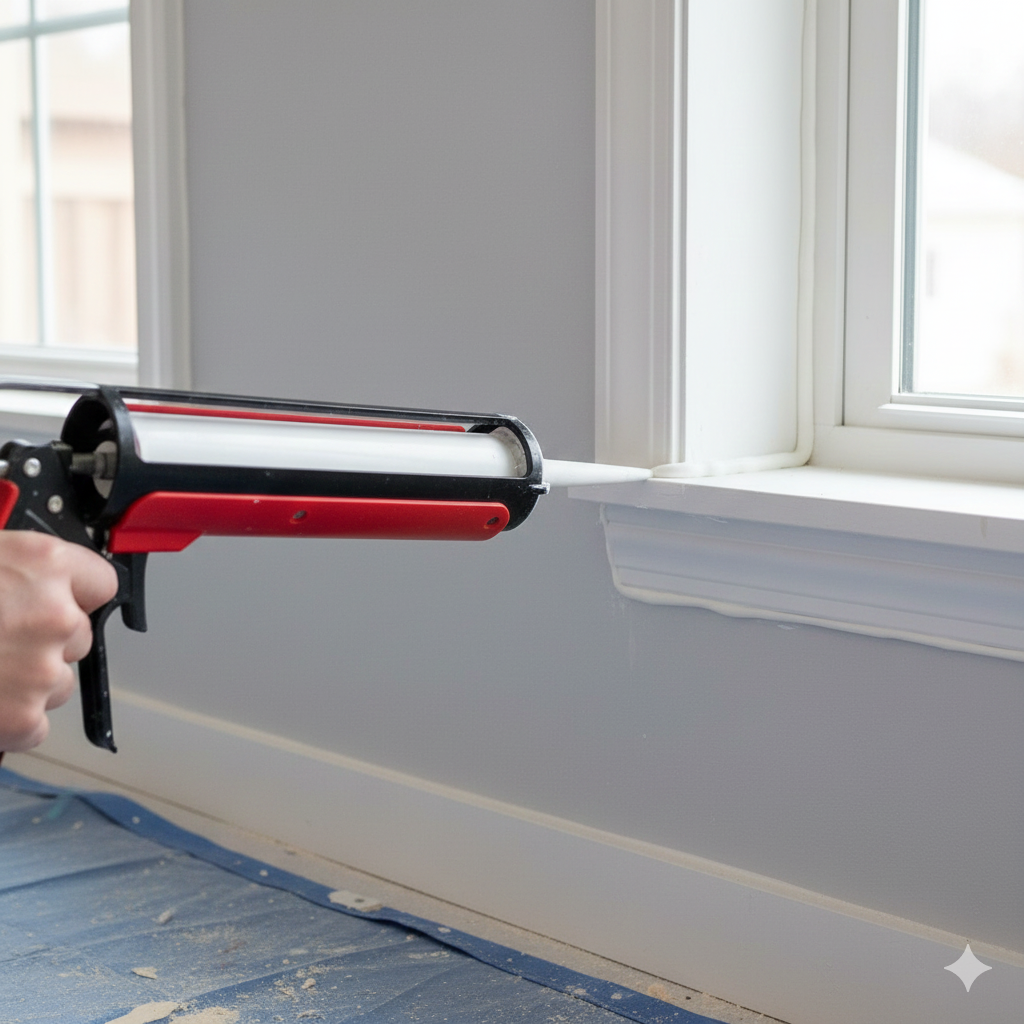 A person applying caulk along the base of a window frame with a caulking gun.