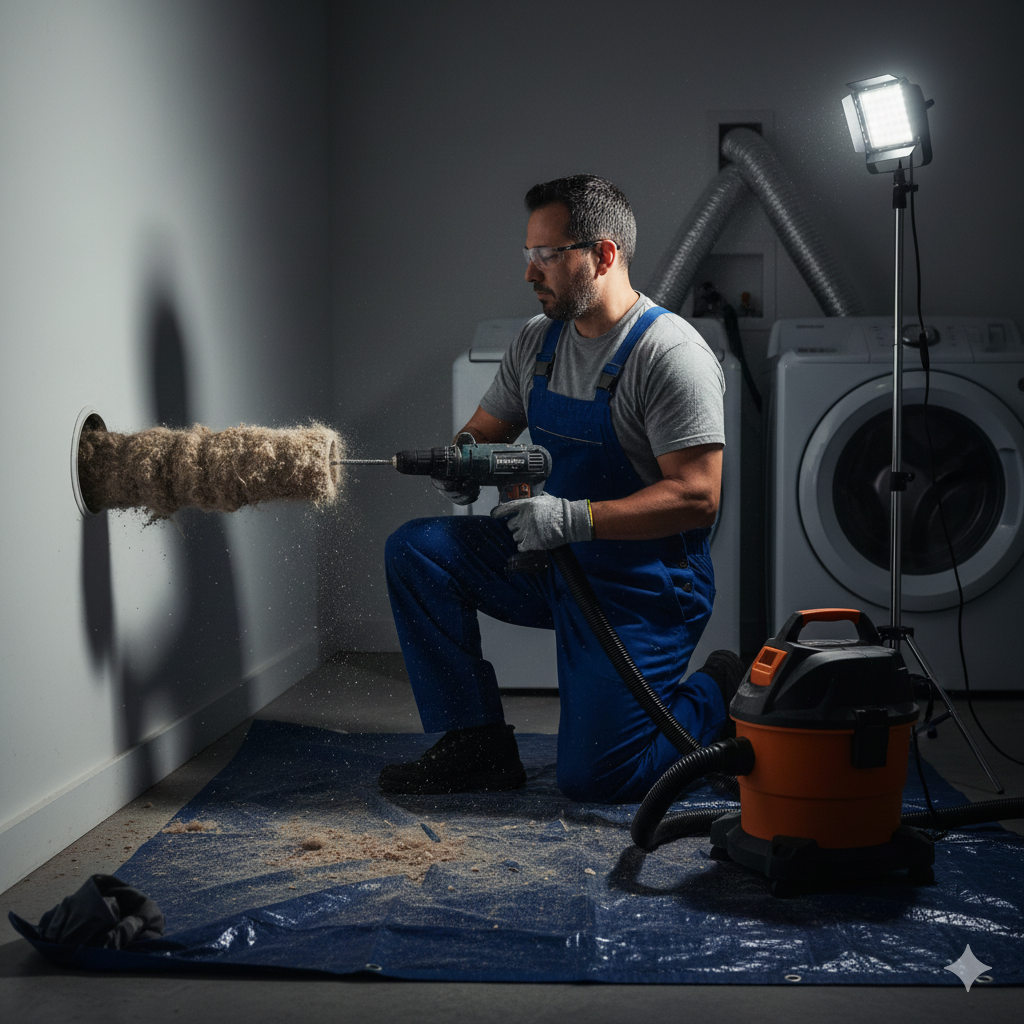 A man in blue work overalls and safety goggles cleaning a wall with a drill fitted with a brush attachment, using a wet vacuum for cleanup.
