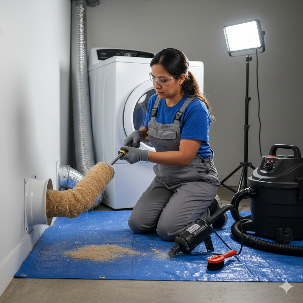 A woman wearing safety glasses and gloves, kneeling on a blue mat, cleaning a dryer vent with a vent cleaning brush. There is a washing machine in the background and cleaning equipment around her.