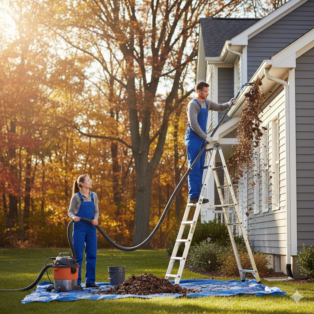 Two people cleaning the gutters of a house in the yard during autumn. One person is on a ladder removing debris from the gutter, while the other person is standing on the ground holding a hose, assisting with debris removal.