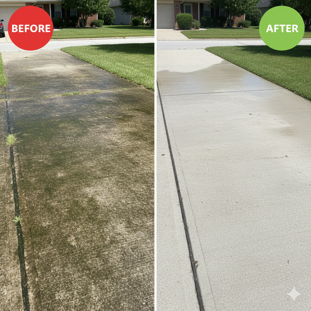 Before and after images of a concrete sidewalk; the before side shows a dirty, stained, and mossy surface, while the after side shows a clean, light-colored, and freshly cleaned concrete.