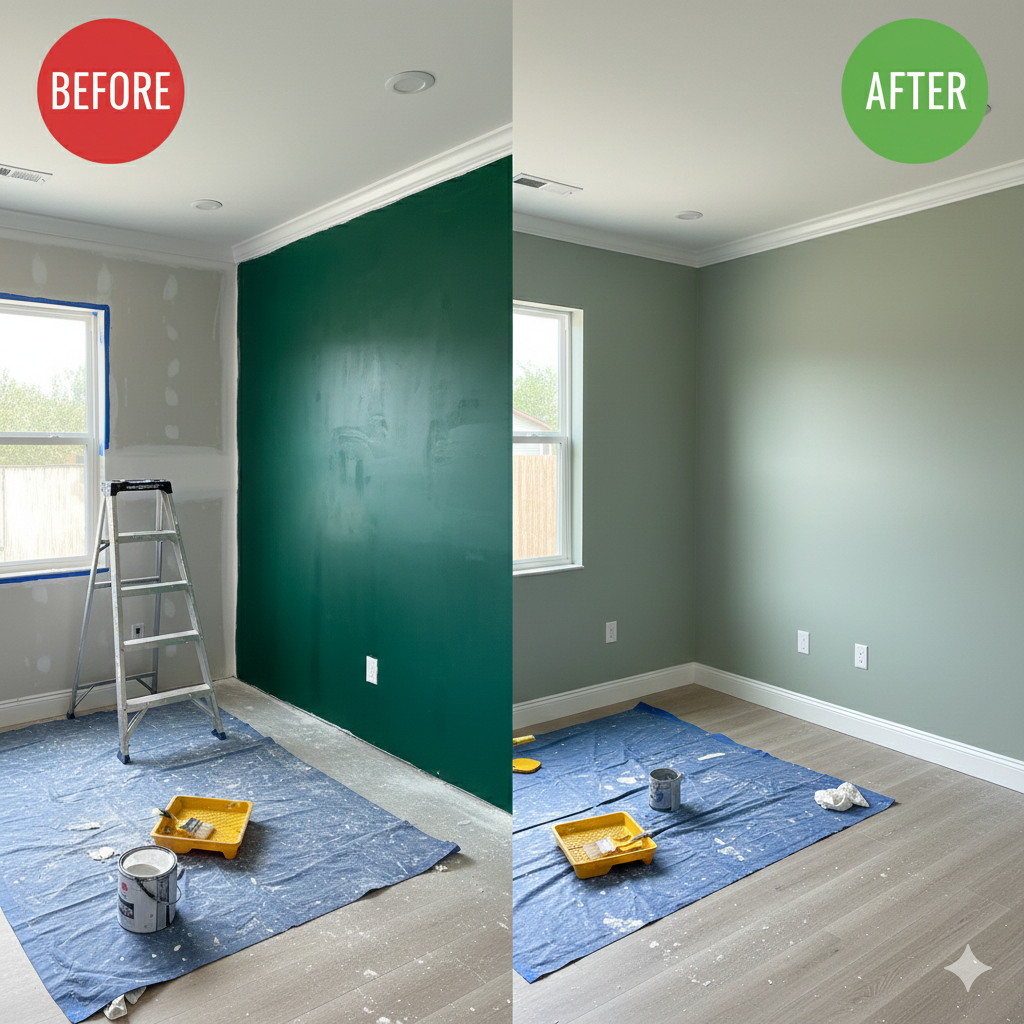 Split view of a room showing a renovation before and after. On the left labeled 'Before,' the wall is partially painted dark green, with painter's tape around the window and unfinished drywall. On the right labeled 'After,' the wall is fully painted a soft green, and the room appears freshly renovated.