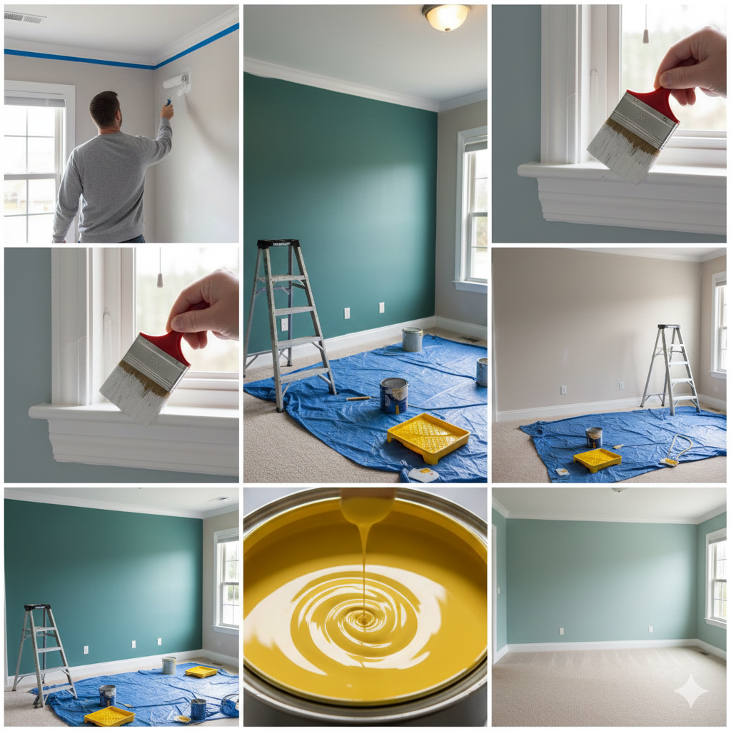 A collage of images showing a home interior renovation. It includes a person painting walls, a ladder, paint cans, a paintbrush, and a freshly painted blue-green wall with a beige wall after finishing.