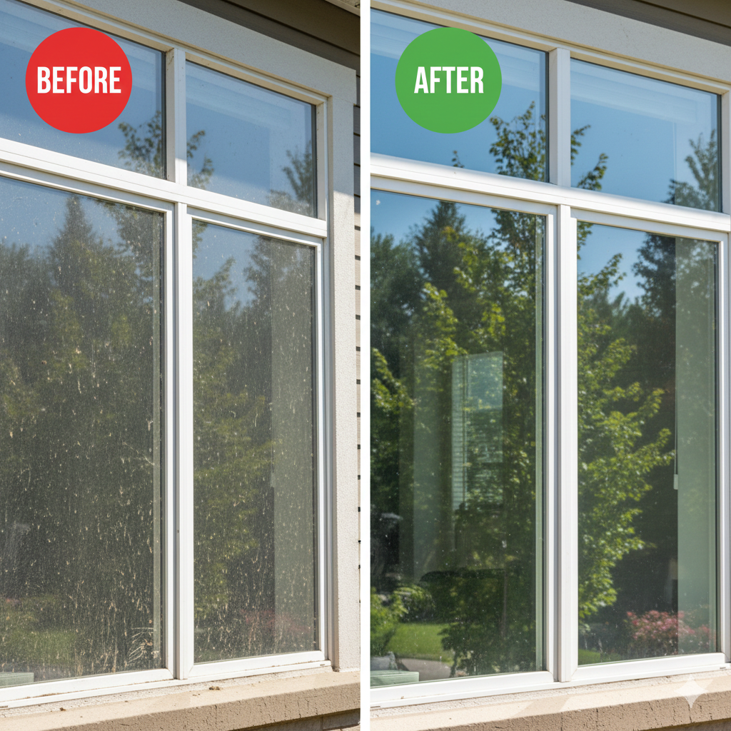 Side-by-side comparison of a dirty and clean window, with 'Before' and 'After' labels indicating cleaning results.