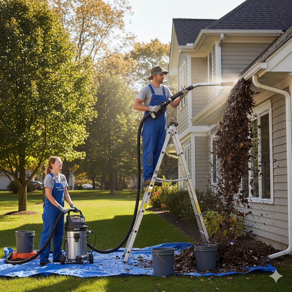 Man raking leaves outside of house, with woman using wet/dry vacuum to clean up leaves and debris, blue tarp on ground, yellow and green trees in background.