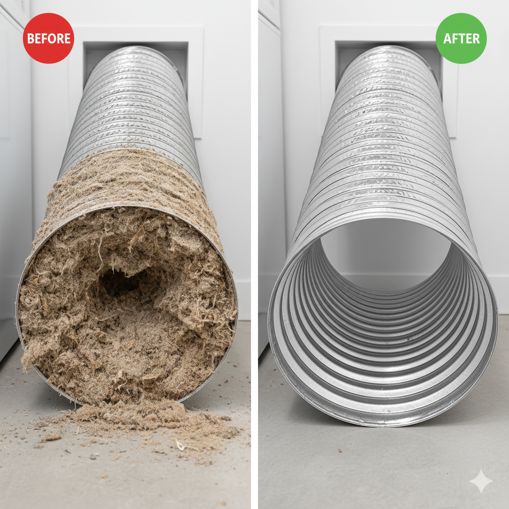 Comparison of a dryer vent before and after cleaning. The 'before' side shows a metal dryer vent clogged with lint and debris, while the 'after' side shows a clean, clear metal dryer vent.